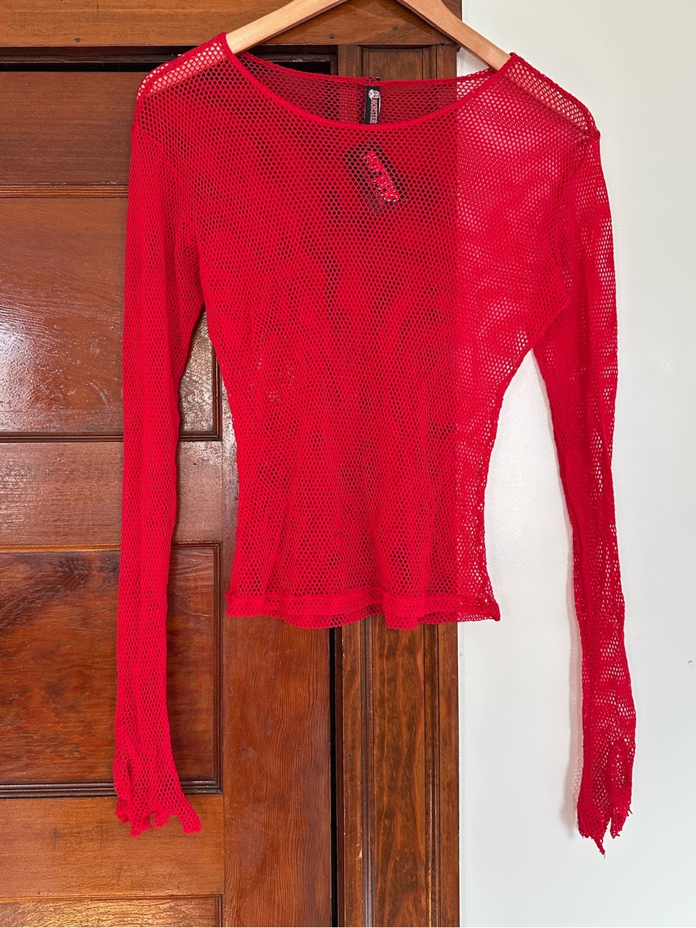 New Hot Topic Red Fishnet Long Sleeve Glove Top Size XL Custom Cut Cuffs Goth